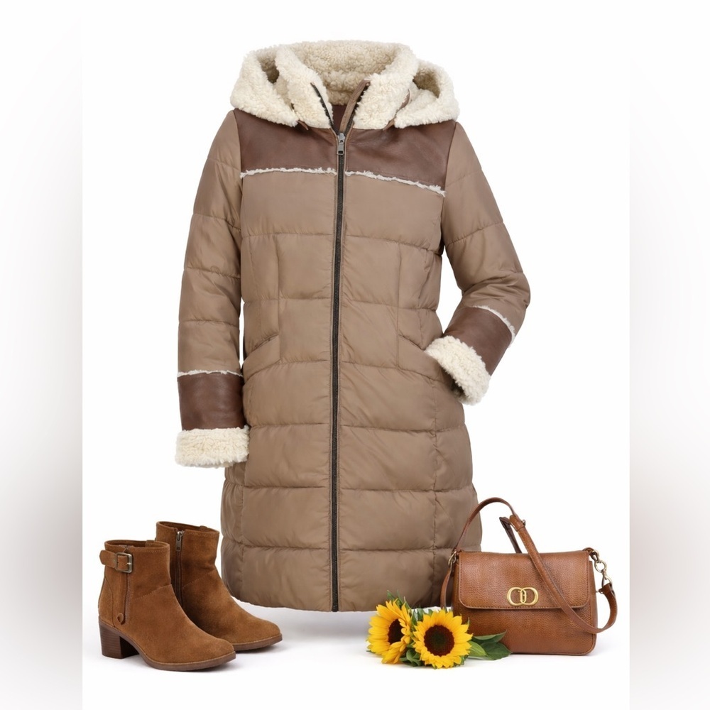 Tahari Tan Shearling Trim Hood Puffer Coat Size XS NWT Designer Luxury